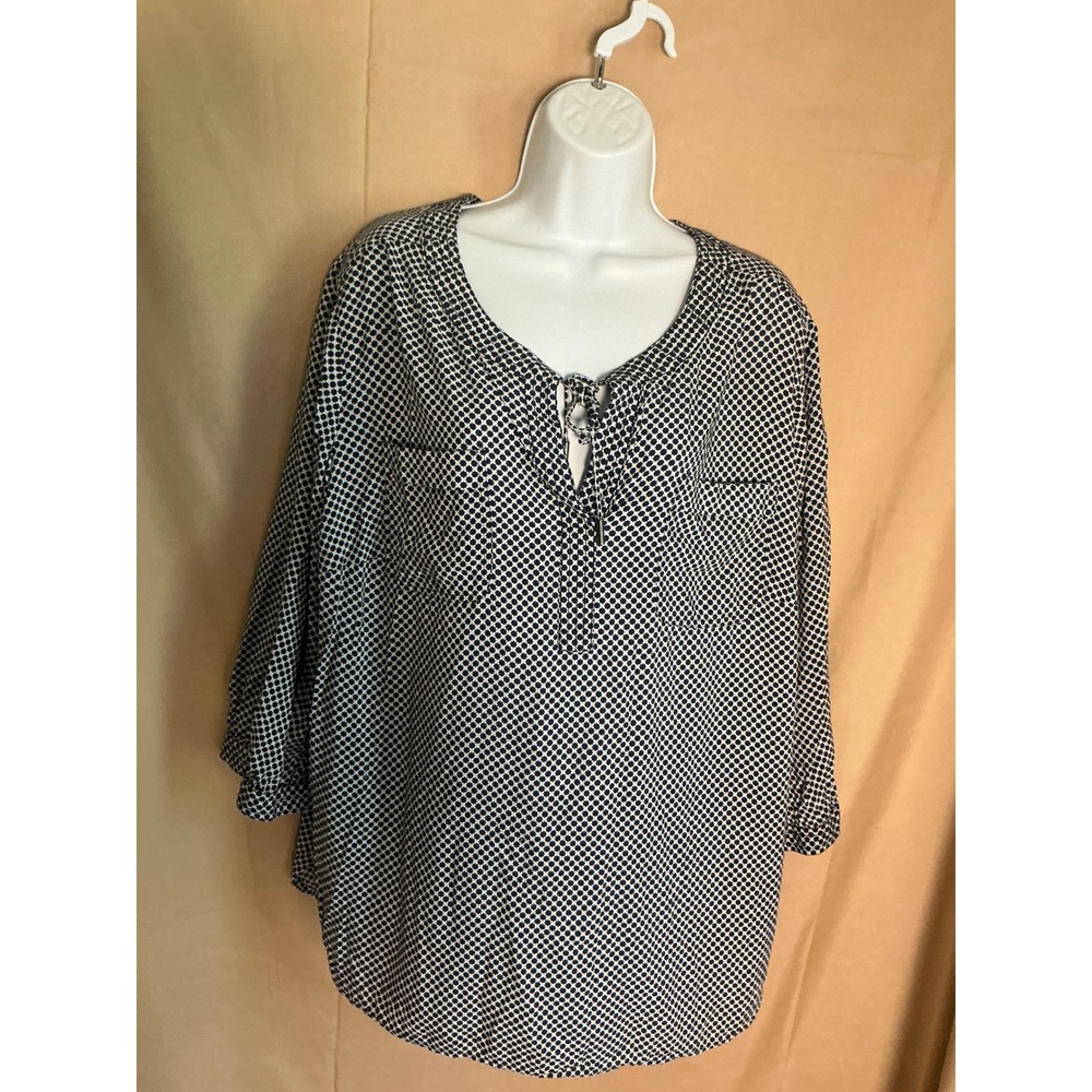 Stylus Tunic Blouse Womens 3X Navy Blue Excellent Geometric 3/4 Sleeve Tie Neck